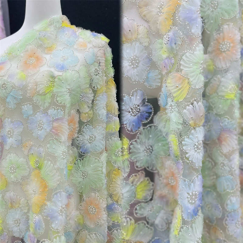 3D Flower Heavy Industry Embroidery Pearl Fabric DIY Lace Bead Mesh Fabric - 图片 13
