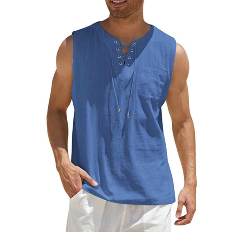 2024 Cross-Border Amazon Hot Sale New Men's Vest Shirt Lace-up Fashion Solid Color Cotton Linen Short Sleeve T-shirt - 图片 5