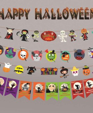 2PC Halloween Hanging Flag Pendant Pumpkin Paper Latte Art Party Decor Pennant