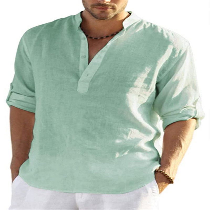Mens Linen Long Sleeve Shirts Solid Loose Casual Shirt Blouse Top Cotton Summer - Image 4