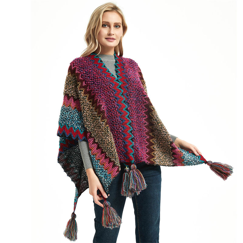 Autumn and Winter Ethnic Style Tourism Hanging Cloak Color Knitted Women's Split Shawl - Image 4