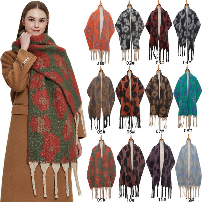 Shawl Winter Circle Yarn Coarse Tassel Jacquard Large Leopard-Print Scarf Keep Warm