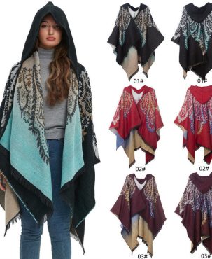 Autumn and Winter Peacock Jacquard Black and Blue Hooded Cape and Shawl Keep Warm