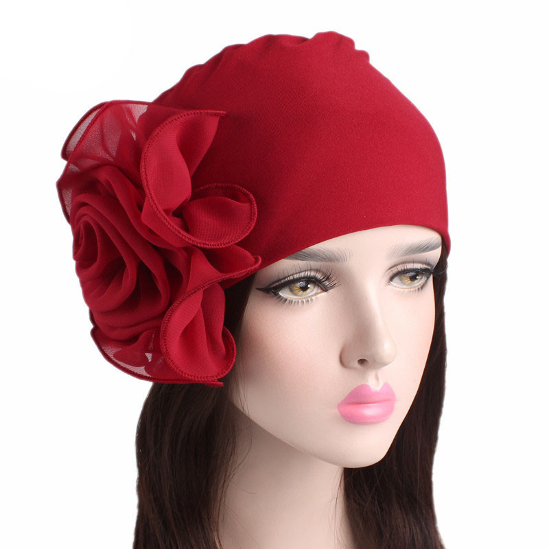 Side Big Flower Stretch Turban Hat Women Elegant Fashion Hat Chemotherapy Hat - 图片 4