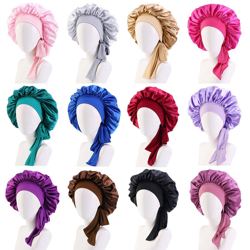 Elastic Ribbon Satin round Cap Artificial Silk Nightcap Makeup Cap Beauty Hat Turban Hat