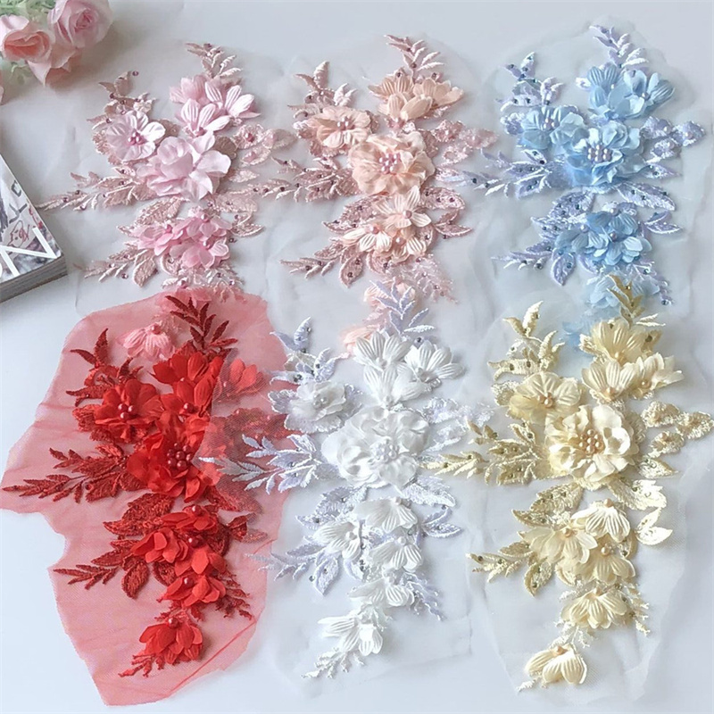Three-Dimensional Flower Mesh Embroidered Cloth Stickers Beaded Lace Wedding Dress Children's Clothes Dress Patch Decoration Accessories