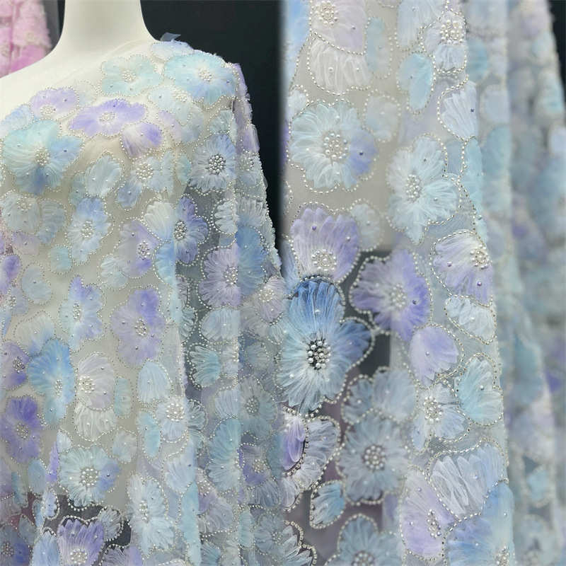 3D Flower Heavy Industry Embroidery Pearl Fabric DIY Lace Bead Mesh Fabric - 图片 14