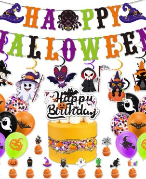 Halloween Hanging Flag Balloon Set Ghost Wizard Cake Inserting Card Bat Death Spiral Ornaments