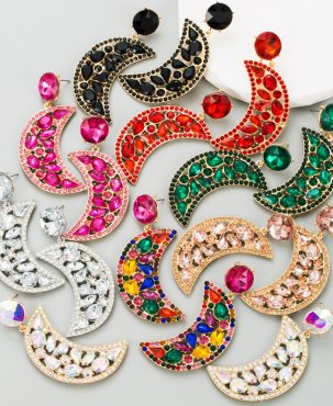 Fashion Crescent Alloy Colorful Crystals Eardrops Moon Earrings Female 925 Silver Needle