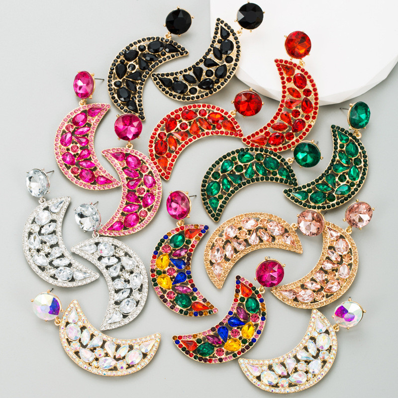 Fashion Crescent Alloy Colorful Crystals Eardrops Moon Earrings Female 925 Silver Needle