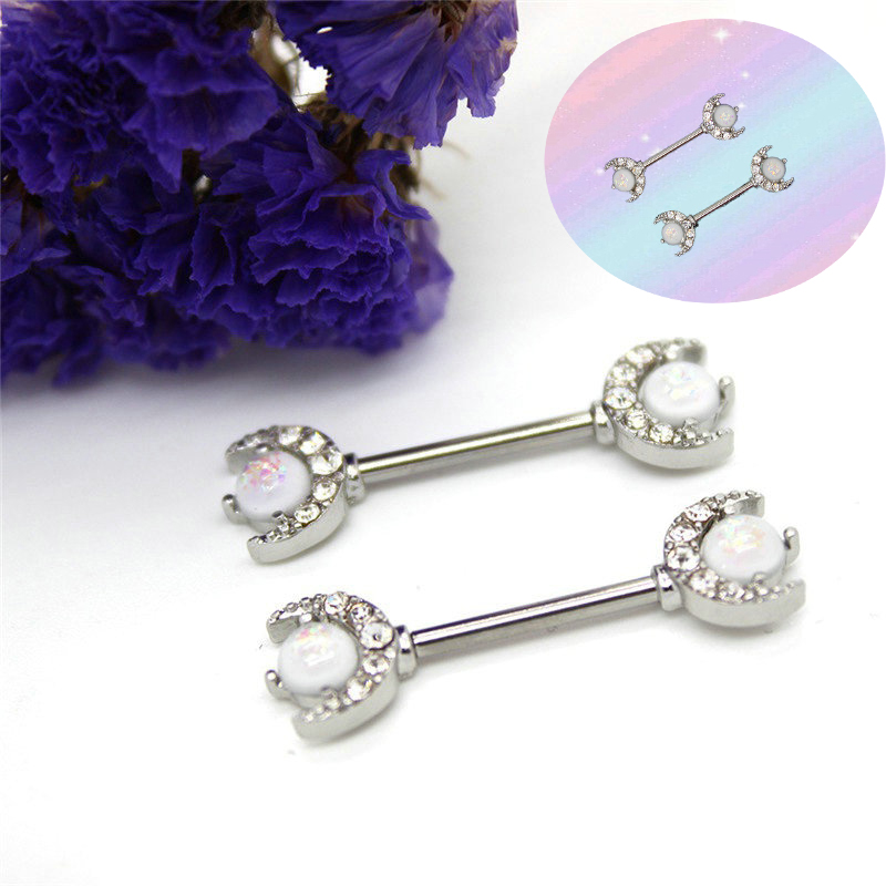 Opal Moon Breast ring body piercing jewelry crescent Moon Nipple Bar Barbell 1.6mm x 14mm - Image 18