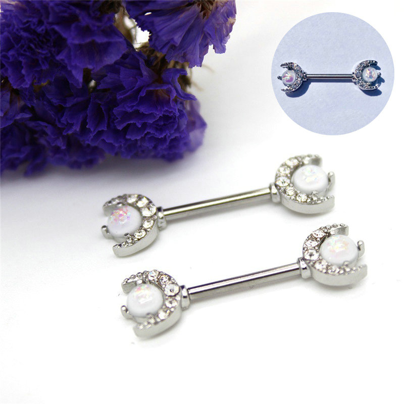Opal Moon Breast ring body piercing jewelry crescent Moon Nipple Bar Barbell 1.6mm x 14mm - Image 10
