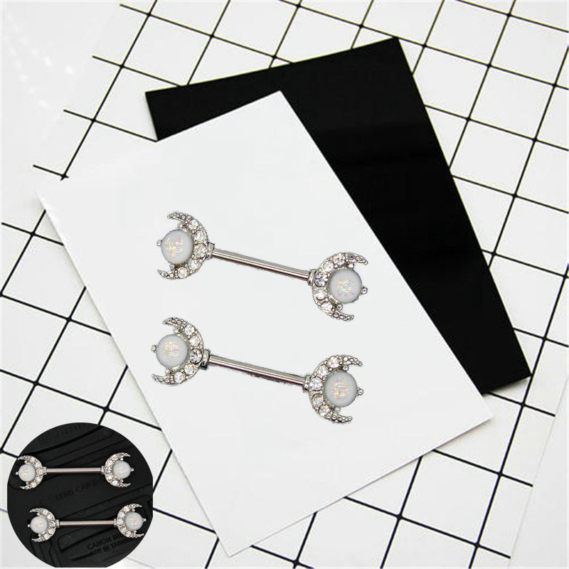 Opal Moon Breast ring body piercing jewelry crescent Moon Nipple Bar Barbell 1.6mm x 14mm - Image 12