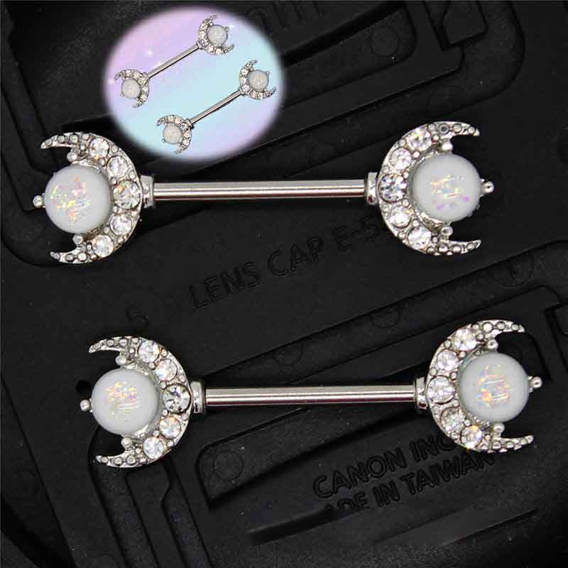 Opal Moon Breast ring body piercing jewelry crescent Moon Nipple Bar Barbell 1.6mm x 14mm - Image 16