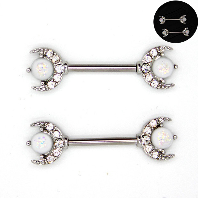 Opal Moon Breast ring body piercing jewelry crescent Moon Nipple Bar Barbell 1.6mm x 14mm - Image 13