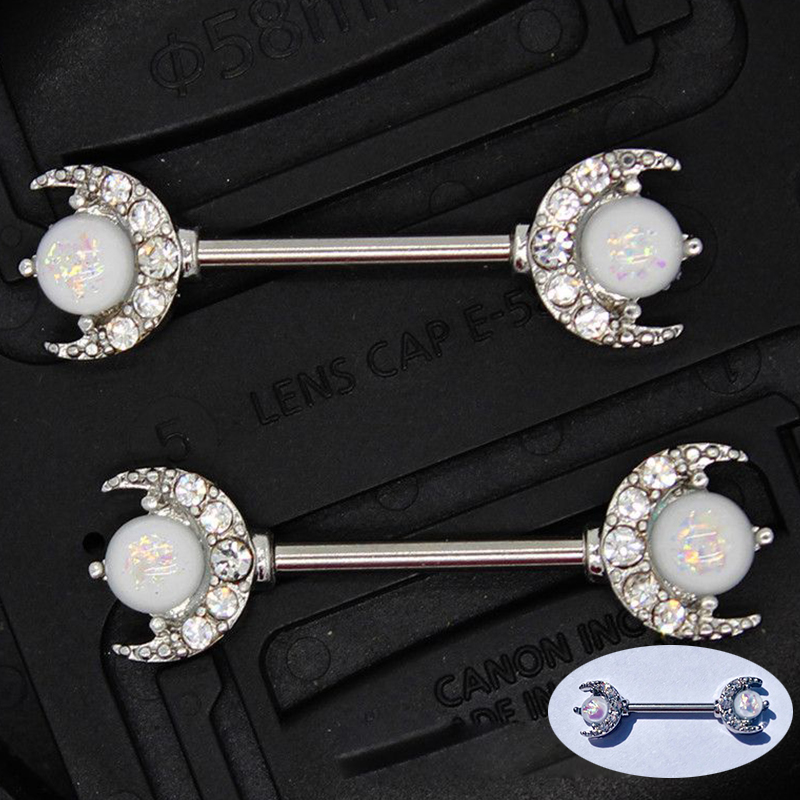 Opal Moon Breast ring body piercing jewelry crescent Moon Nipple Bar Barbell 1.6mm x 14mm - Image 14