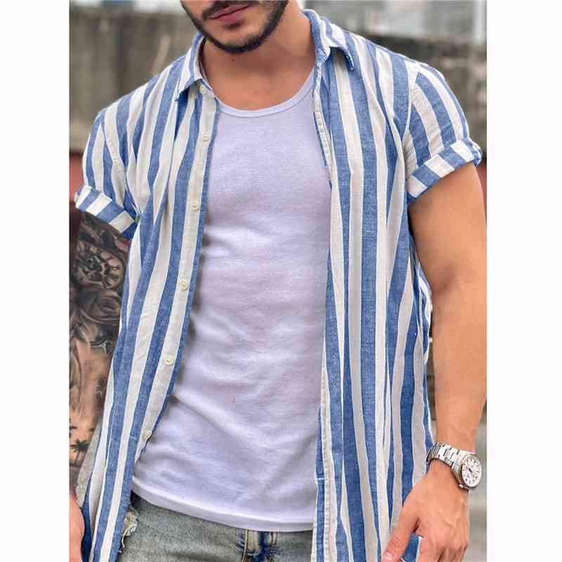 Mens Striped Short Sleeve Linen Style Shirts Casual Fit Formal Dress Top Shirt - Image 7