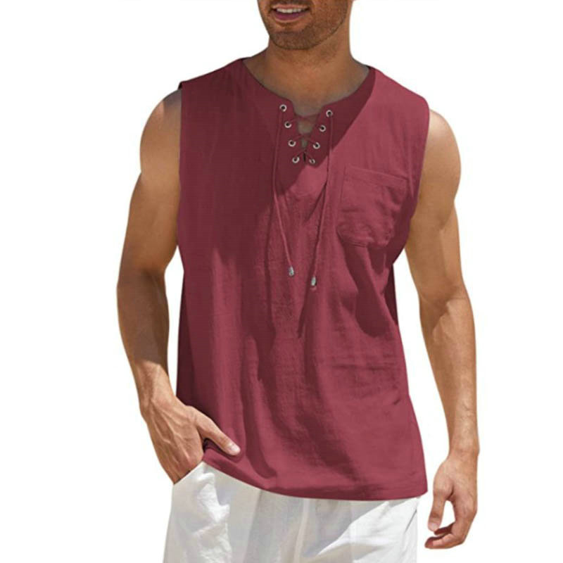 2024 Cross-Border Amazon Hot Sale New Men's Vest Shirt Lace-up Fashion Solid Color Cotton Linen Short Sleeve T-shirt - 图片 6