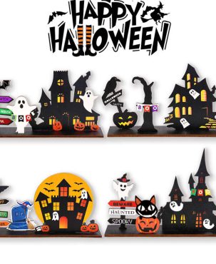 Halloween Wooden Craftwork Castle Desktop Decor Holiday Home Decor Pumpkin Ghost Decor