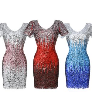 Women's Fashion Nightclub Party Sequined Hip Skirt Sexy Slim V-neck Short Sleeve Beaded Dress