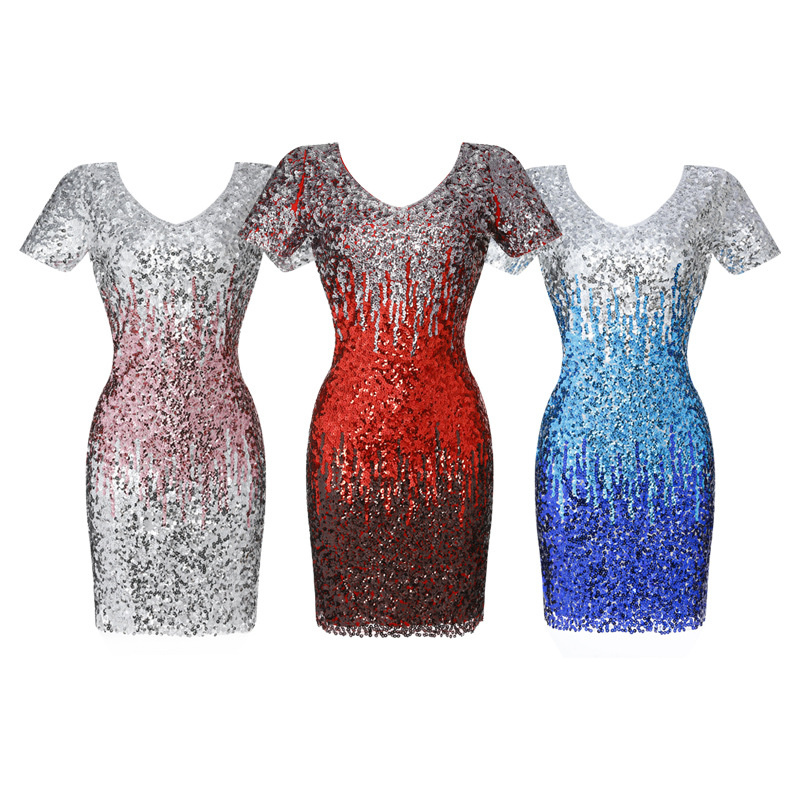 Women's Fashion Nightclub Party Sequined Hip Skirt Sexy Slim V-neck Short Sleeve Beaded Dress