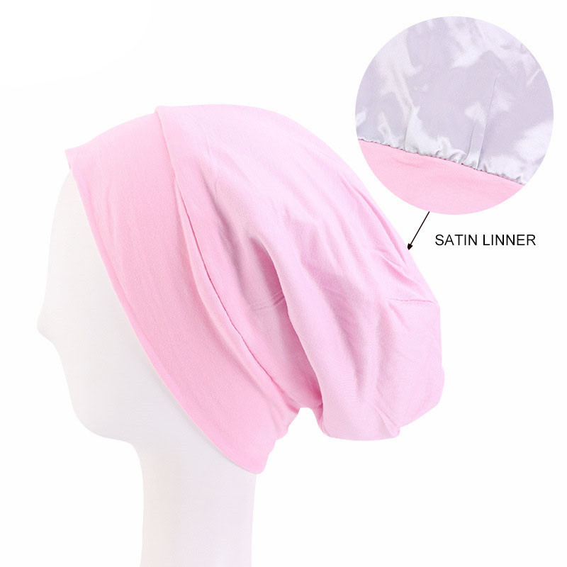 Elastic Cotton Sleeve Cap Pile Cap Satin Lining Double Layer Nightcap Shower Cap - 图片 5