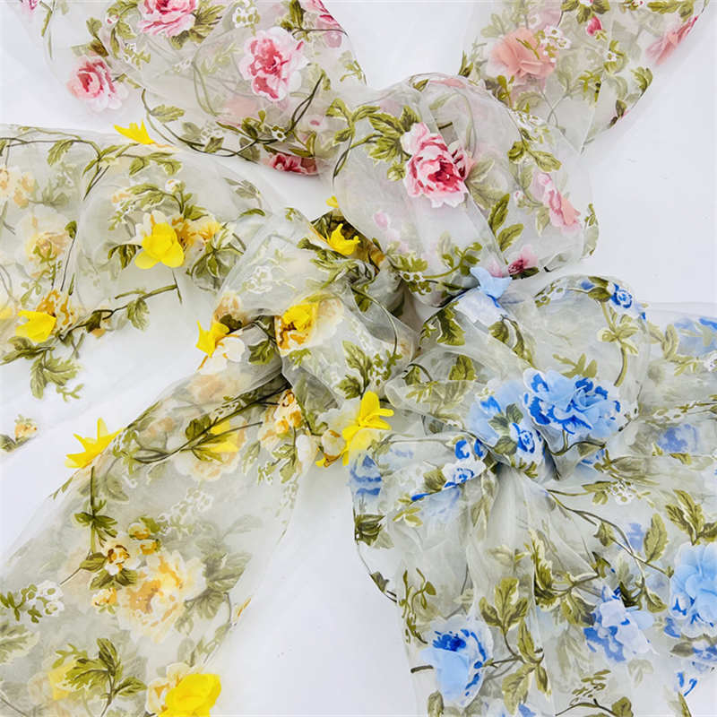 3D Handmade Flower Fabric Organza Printing Branch Embroidered Fabric Lace DIY Fabric