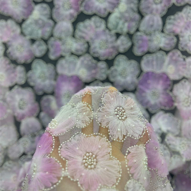 3D Flower Heavy Industry Embroidery Pearl Fabric DIY Lace Bead Mesh Fabric - 图片 4