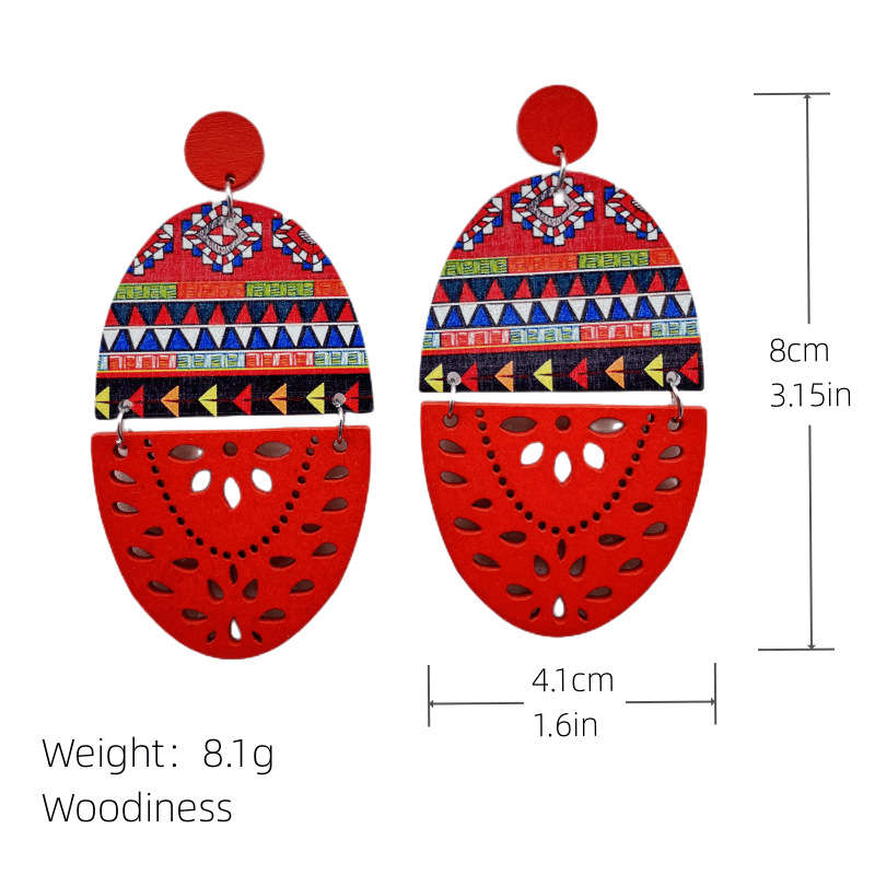 European and American Retro Wooden Dangle Earrings Printed Hollow Jewelry Earrings - 图片 5