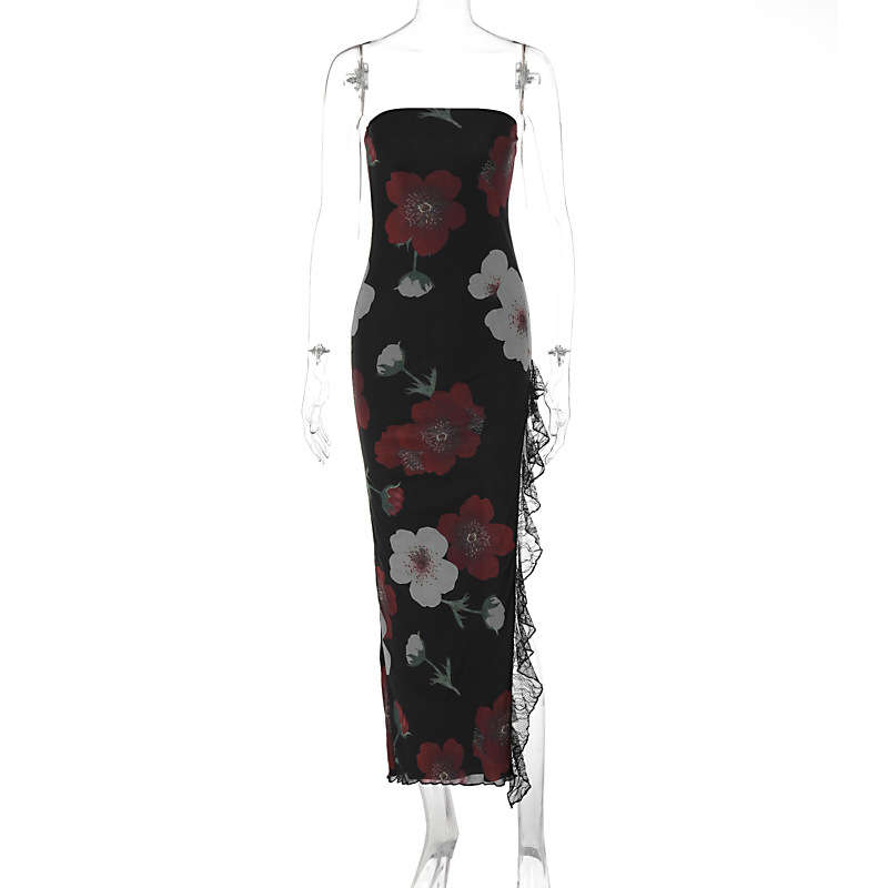 Women's Clothing Summer Fashion Printed Lace Stitching Wrapped Chest Backless Slit Dress - Image 6