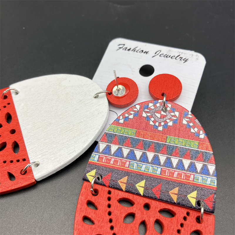 European and American Retro Wooden Dangle Earrings Printed Hollow Jewelry Earrings - 图片 6