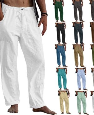 Men's Summer Beach Loose Cotton Linen Pants Yoga Drawstring Elasticated Trousers