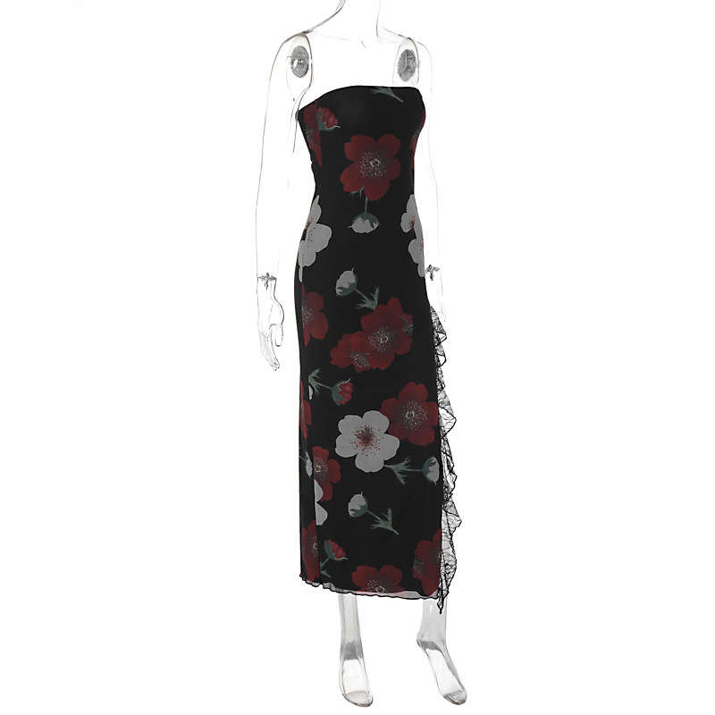 Women's Clothing Summer Fashion Printed Lace Stitching Wrapped Chest Backless Slit Dress - Image 7