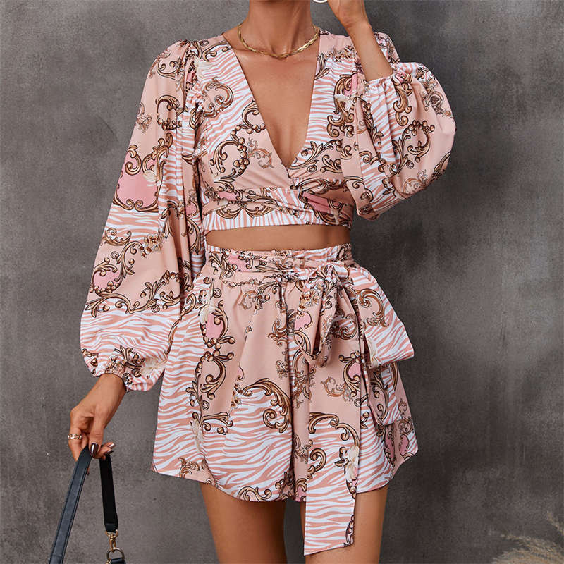 Women's Clothing Printing Long Sleeve Shorts V-neck Jumpsuit Fashion - Image 9