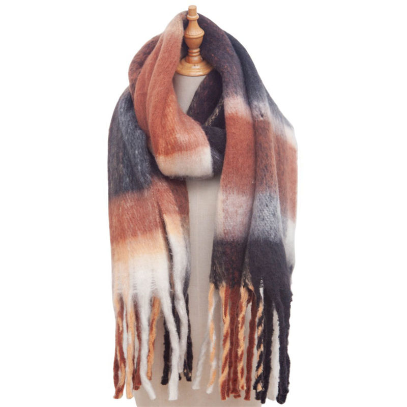 Autumn and Winter Circle Yarn Thickened plus-Sized Plaid Scarf Shawl Keep Warm - 图片 17