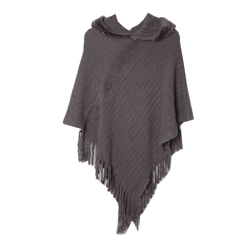 Shawl Ladies Autumn and Winter Solid Color Striped Tassel Hooded Cloak Keep Warm - 图片 9