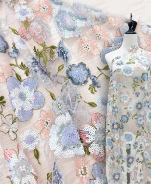 Multi-Color Floral Embroidery Lining Sequins Pearl Embroidery Wedding Dress Fabric