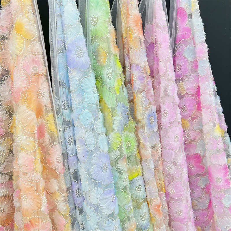 3D Flower Heavy Industry Embroidery Pearl Fabric DIY Lace Bead Mesh Fabric