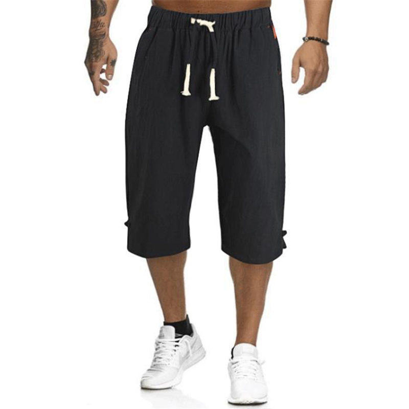 Mens 3/4 Long Length Shorts Casual Loose Elastic Waist Linen Capri Sport Pants - Image 8