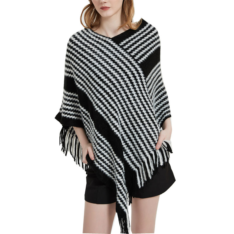Pullover Cape Shawl Autumn Winter Bat Sweater Black Striped Knitted Shawl Keep Warm - 图片 5