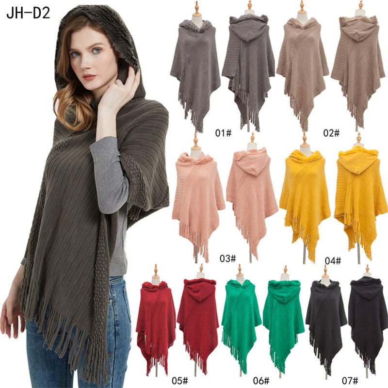 Shawl Ladies Autumn and Winter Solid Color Striped Tassel Hooded Cloak Keep Warm