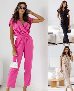 Women's Clothing Solid Color Commute V-neck Short-Sleeved Jumpsuit Elastic Waist