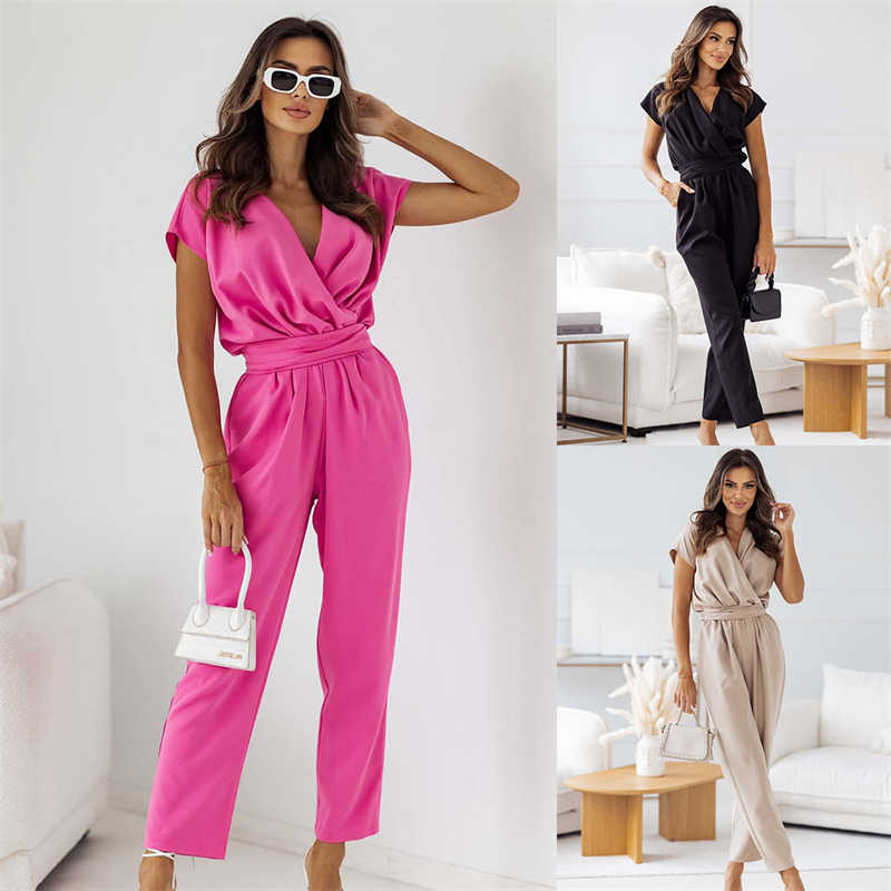 Women's Clothing Solid Color Commute V-neck Short-Sleeved Jumpsuit Elastic Waist
