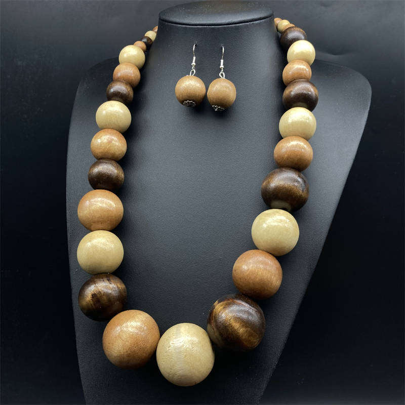 European and American Wooden Bead Necklace Earrings Suite Bohemian Style Fashion - 图片 8