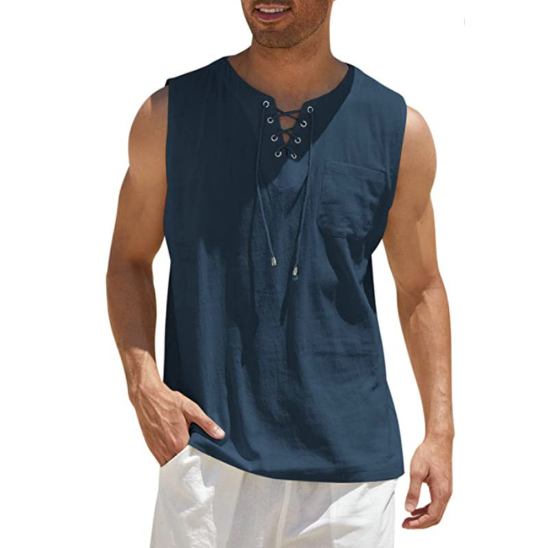 2024 Cross-Border Amazon Hot Sale New Men's Vest Shirt Lace-up Fashion Solid Color Cotton Linen Short Sleeve T-shirt - 图片 9