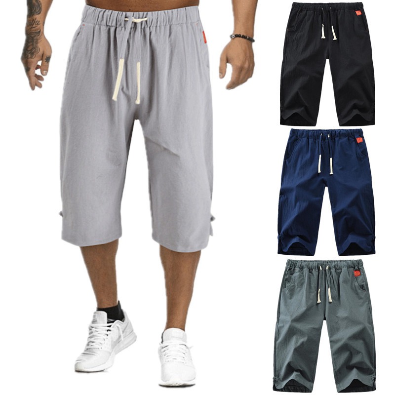 Mens 3/4 Long Length Shorts Casual Loose Elastic Waist Linen Capri Sport Pants