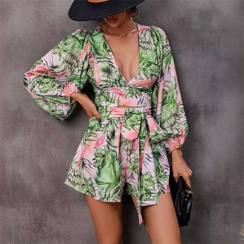 Women's Clothing Printing Long Sleeve Shorts V-neck Jumpsuit Fashion - Image 11
