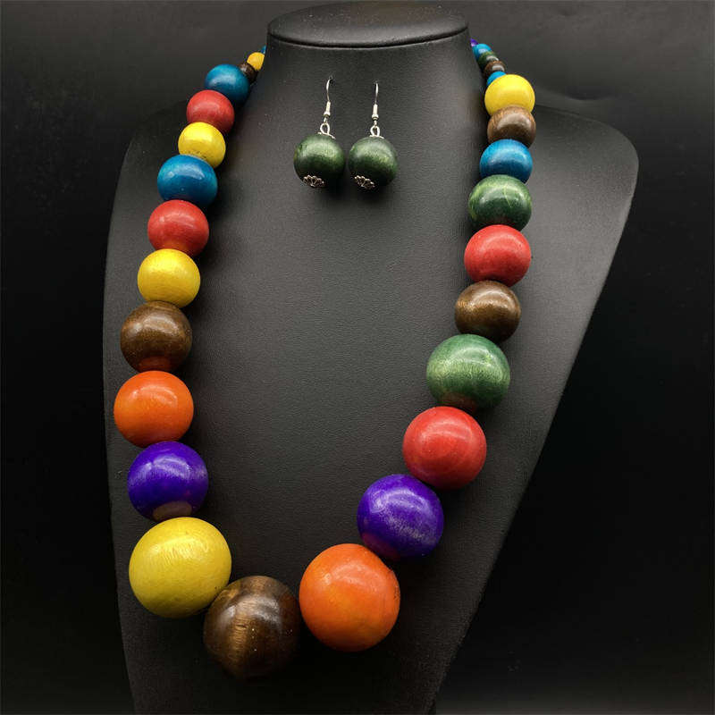 European and American Wooden Bead Necklace Earrings Suite Bohemian Style Fashion