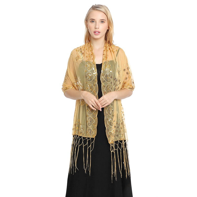 Sequined Shawl Peacock Embroidery Sequined Tassel Shawl Party Banquet Evening Gown Shawl - 图片 5