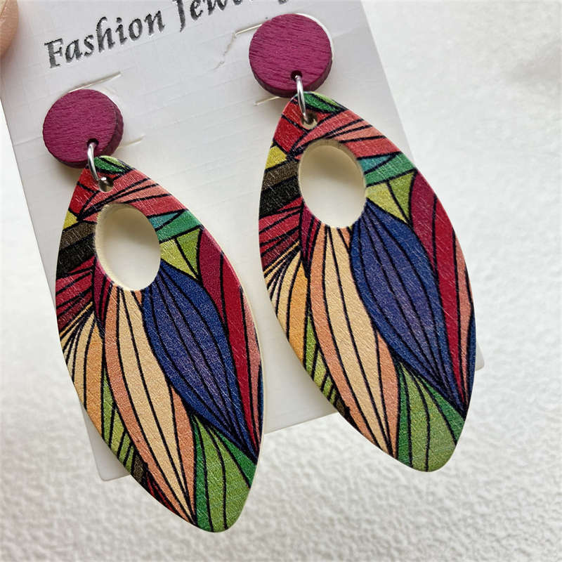 Jewelry Ornament European and American Earrings Wooden Earrings Retro Geometry - 图片 8